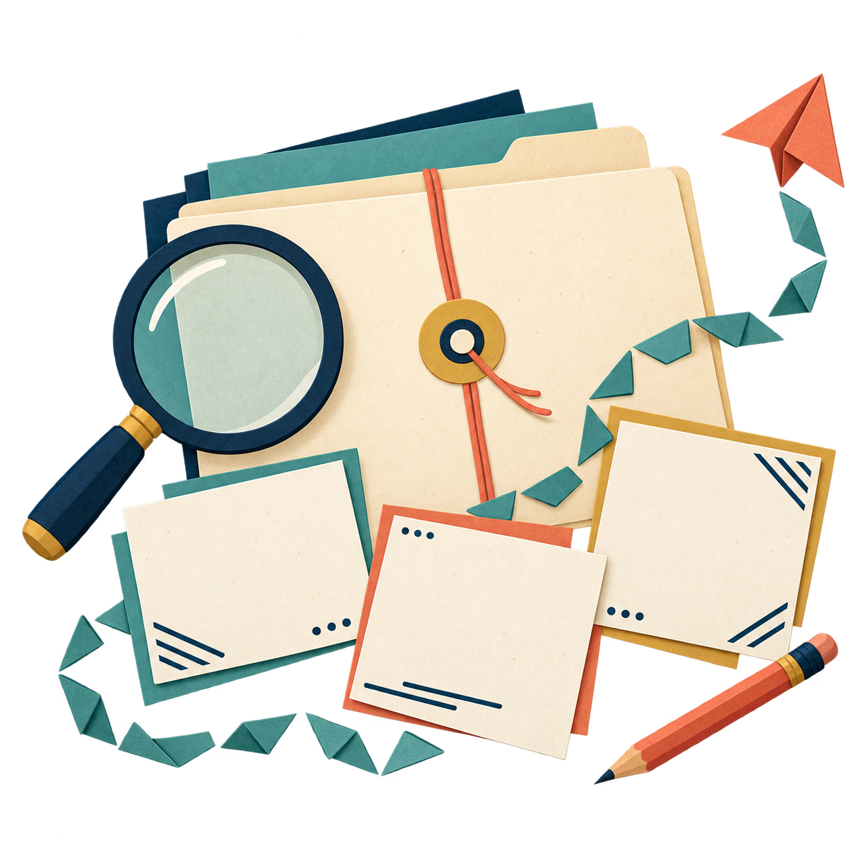 Paper illustration of a mission folder, clue cards, a magnifying glass and a paper aeroplane.